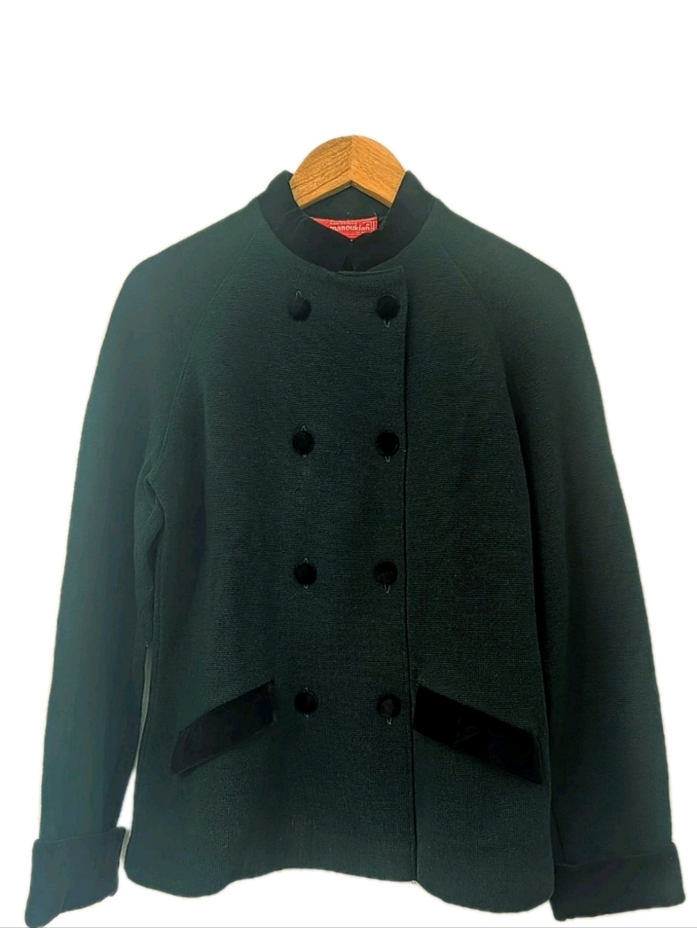 Alain Manoukian Vintage Green Jacket Velvet Trim Double Breasted EU Blazer 2